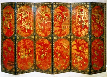 Paravent à six panneaux représentant des figures européennes dans des panneaux rouges aux bordures noires, vers 1720